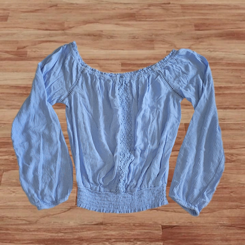 Size S Blue Lace Design Off-Shoulder Long Sleeve Top